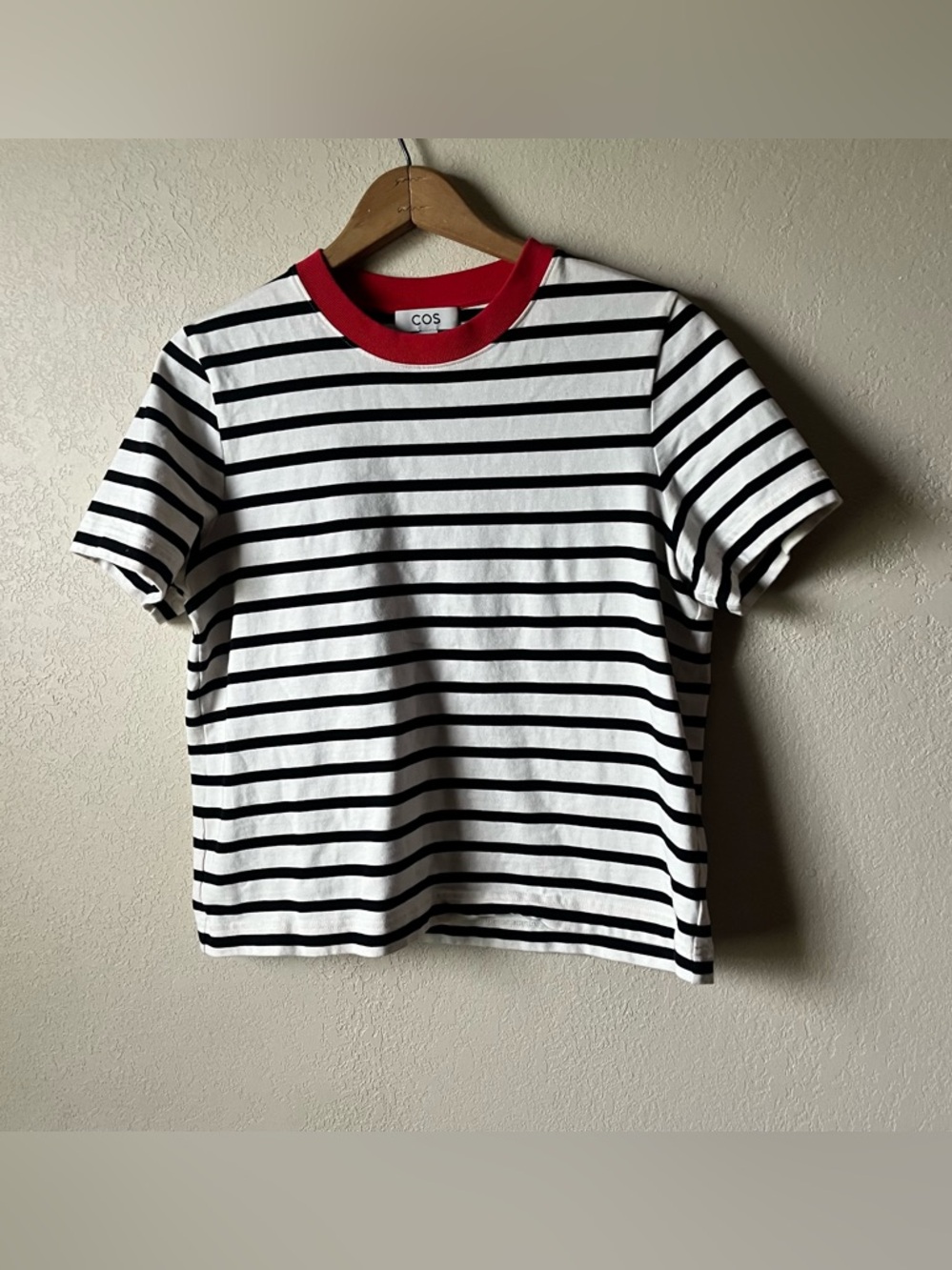 COS Black & White Striped Tee with Red Crew Neck